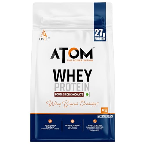 Image of AS-IT-IS Nutrition ATOM Whey Protein 1kg | 27g protein | Isolate & Concentrate | Double Rich Chocolate | USA Labdoor Certified | With Digestive Enzymes for better absorption