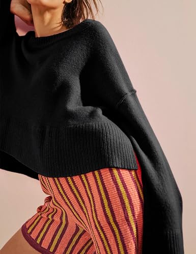 Image of Sweaters for Women Bell Long Sleeve Crewneck Side Slit Fall Winter Casual Oversized Pullover Knit Sweater Top (Black-S)