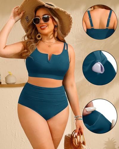 Women Plus Size High Waisted Bikini - Ribbed Two Piece Swimsuit Tummy Control Bathing Suit V-Wired 2025 Swimwear3