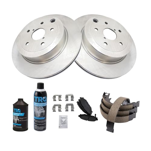 Image of TRQ Rear Brake Pad & Rotor Kit, with Chemical Kit Parking Brake Shoe Set Ceramic Compatible with 2008-2013 Subaru Impreza