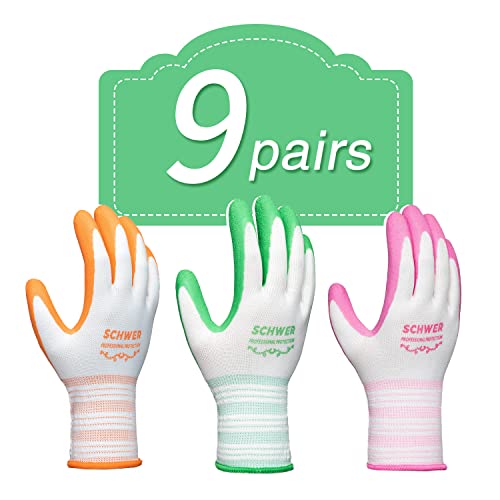 Schwer 9 Pairs Gardening Gloves For Women And Ladies, Breathable Rubber Coated Yard Garden Gloves, Outdoor Protective Work Gloves With Grip, Medium Size Fits Most #TOP8