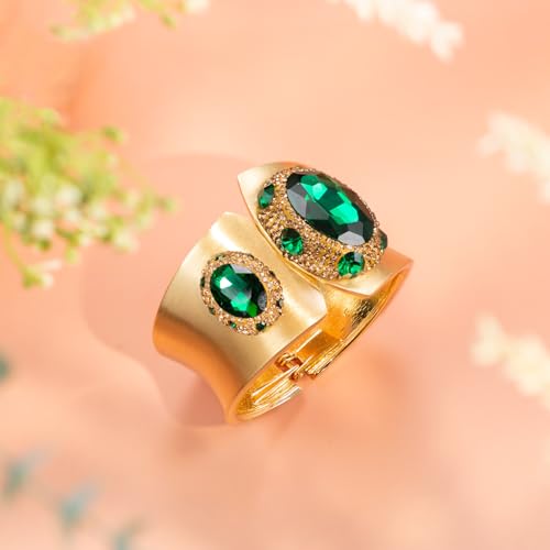 HZMAN Chunky Grren Crystal Cuff Bracelets for Women Retro Rhinestone Gold Plated Bracelet Wide Thick Open Hinge Wrist Cuff Bracelet Jewelry Gift4