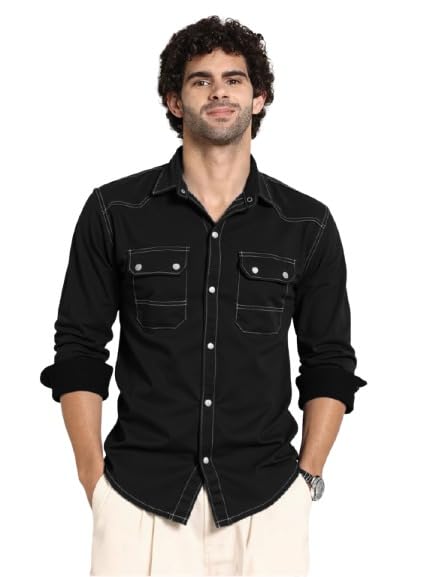 Mens Black Denim Shirt, Double Pocket Shirt. 11-image-37