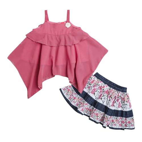 Image of Hopscotch Girls Cotton Floral Print Blouse Skirt Set In Red Color