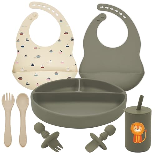 Image of LITTLE RAWR Silicone Baby Feeding Set, Baby Led Weaning Supplies, Baby Spoons Suction Divided Plate Bib Cup, First Stage Solid Food Eating Utensils - 6+ Months(Green-Beige)