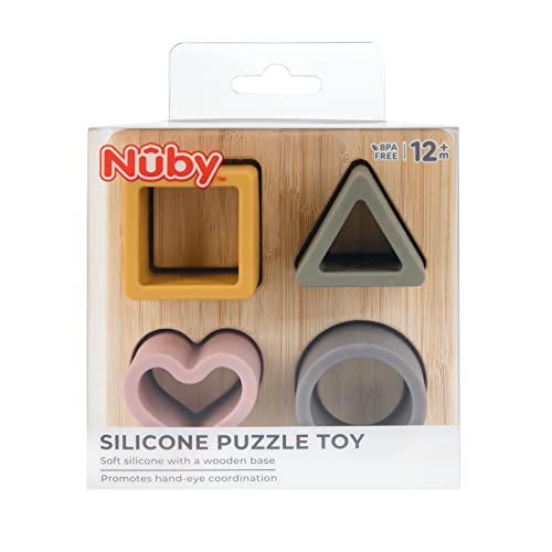 Image of Nuby Soft Shape Silicone Puzzle Toy with Bamboo Base - Baby Toy for Hand-Eye Coordination - 5-Piece Puzzle for Toddlers - 12+ Months