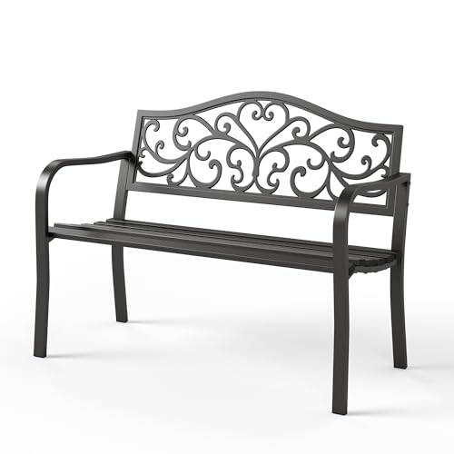 Sophia & William Outdoor Bench, Metal Garden Bench, Cast Iron Park Benches for Outside with Floral Design Backrest, Black