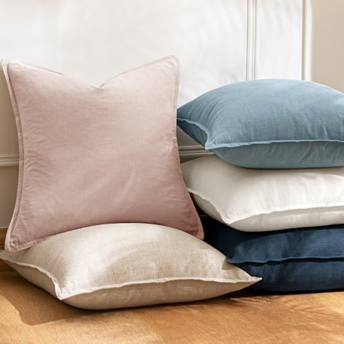 Image of Decorative Linen Solid Throw Pillow Covers Boho Accent Farmhouse Pillows Modern Valentines Home Decor for Couch Sofa Living Room Bed 20x20 Inch Set of 2,Light Pink