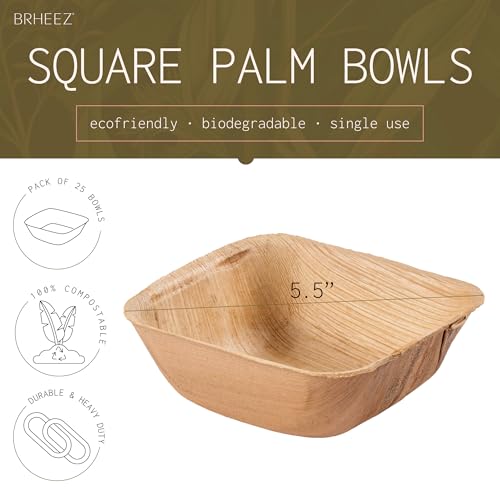 brheez Palm Leaf Bamboo Bowls 25 Pack - 5.5 inch Disposable Heavy Duty Stronger Than Paper and Plastic - Perfect For Salad and Soup For Wedings Parties and Outdoor Events - Thumbnail 2