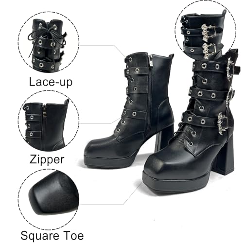 Image of FOREADA Goth Platform Heel Combat Boots Women Pearl Lace Victorian Booties
