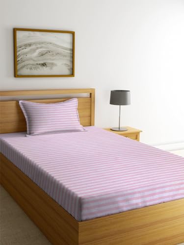 Image of NHD HOME Premium Glace Cotton 180 TC Flat Single Bedsheets Breathable | Wrinklefree (Size-60 X 90 Inch) with 1 King Size Pillow Covers (Size-17 X 27 Inches, Pink & White Striped)