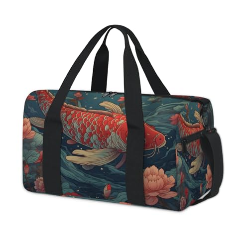 Koi Fish Pattern Sports Duffle Bag for Women Men Waterproof Overnight Weekender Bag with Adjustable Strap Travel Tote Bags for Beach Yoga Work Dance Swim