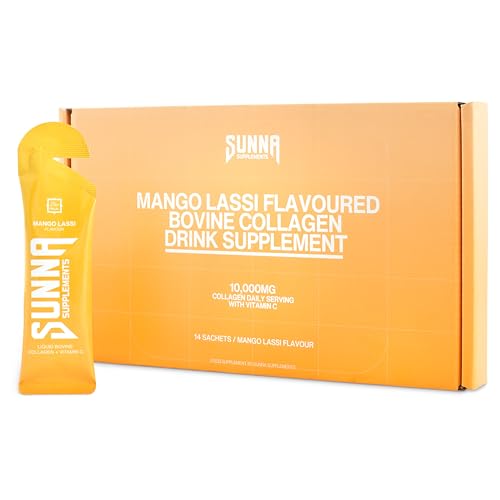 SUNNA SUPPLEMENTS - Halal Mango Lassi Collagen Drink with Vitamin C - Halal Bovine Liquid Collagen Peptides Women and Men - Hydrolysed Collagen Liquid Suitable for Everyone - 14 Sachets (35ml each)