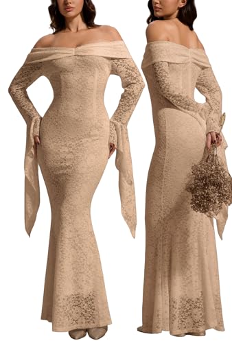 Image of Cercis Womens Off The Shoulder Floral Lace Maxi Wedding Dress Boho Flowy Wedding Guest Formal Long Dresses