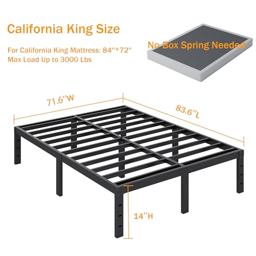 SHLAND California King Bed Frames No Box Spring Needed, Metal Platform Bed Frame Cal King Size Mattress Foundation, Easy Assembly, No Noise, 14 Inch, Black