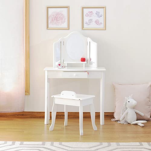 Guidecraft Classic White Vanity And Stool Set For Kids Age 3-8, Pretend Play Vanity With Mirrors For Girls, Wooden Makeup Table With Storage Drawer #TOP7