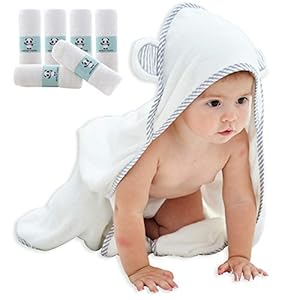 HIPHOP PANDA Bamboo Hooded Baby Towel and Washcloths Set – 2 Layer Ultra Soft Absorbent Towel – Newborn Bath Face Towel – Natural Reusable Baby Wipes for Sensitive Skin – Baby Registry as Shower