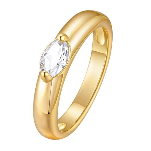 Chunky Gold Rings for Women - 14K Gold Plated Dome Womens Statement Rings Marquise Cubic Zirconia Wedding Band Stacking Thick Bands Dainty Jewelry Birthday Anniversary Present for Her