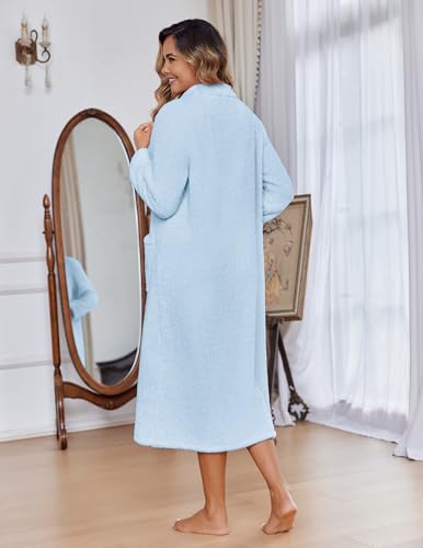 Image of Ekouaer Women Zipper Robe Fleece Long Sleeves Bathrobe Sleepwear Warm Soft Housecoat with Pockets Zip Up House Dresses