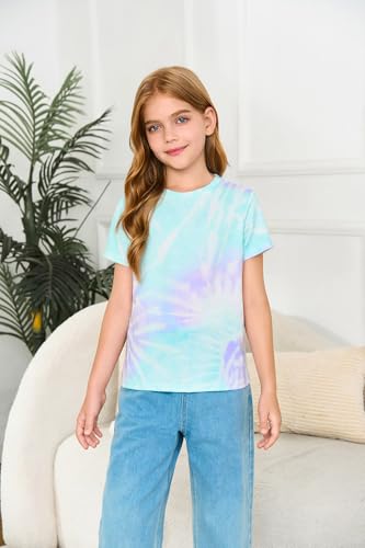 Haloumoning Girls Tie Dye Short Sleeve Shirt Kids Summer Fashion Crewneck Tops Casual Tees 5-14 Years2