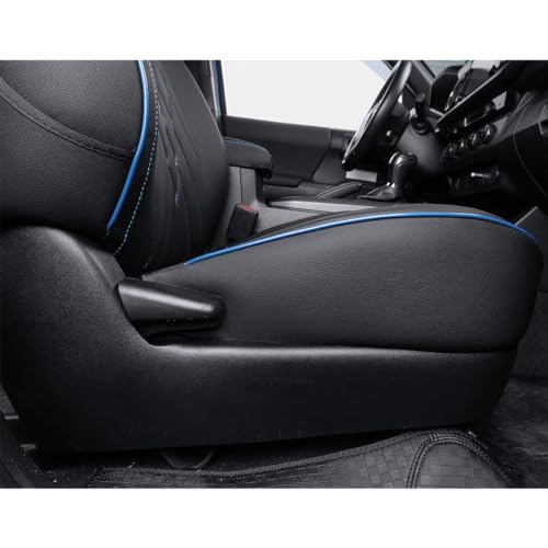 Image of EKR Custom Fit Tacoma Front Car Seat Covers for Toyota Tacoma 2016 2017 2018 2019 2020 2021 2022 2023 Double Cab /Access Cab - Front Row Only, Faux Leather(Black with Blue Trim)