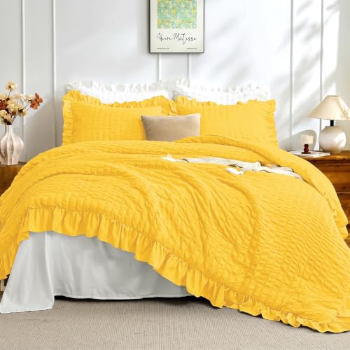 Image of JOLLYVOGUE Pumpkin Yellow Queen Comforter Set,3pcs Seersucker Bed Set | OEKO-TEX Certified, All Season, Down Alternative Fill, Lightweight Bedding Set with Ruffle Comforter & Pillowshams, Easy Care