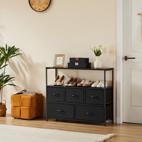 TV Stand with 5 Fabric Drawers, Dresser for Bedroom Entertainment Center for 45 inch TV Storage Organizer with Open Shelf, Wooden Media Console Table for Living Room, Bedroom, or Small Space, Black - Image 3