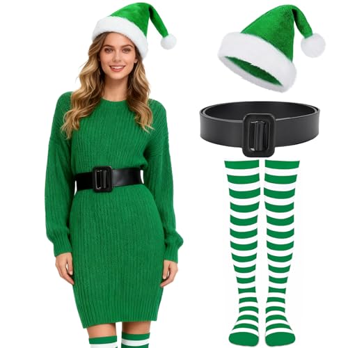 Bryndo 3PCS Elf Costume Accessories for Adults–Green Santa Hat, Adjustable Black Belt & Green White Striped Thigh High Socks–Christmas Elf Fancy Dress Outfit for Xmas Parties Holiday Dressing