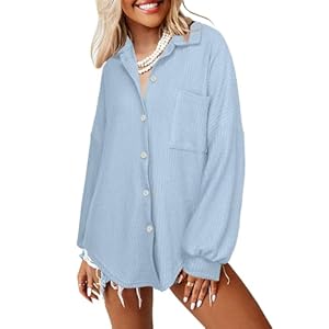 Darong Womens Ribbed Knit Shacket Jacket Casual Long Sleeve Button Down Shirts Dressy Blouses Tops
