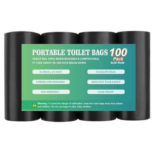 Image of 100PCS 8 Gallon Portable Camping Toilet Bags, Biodegradable Porta Potty Bags - 8 Gal Compostable Trash Bags Fit for 5 Gallon Bucket, Camping Poop Bag