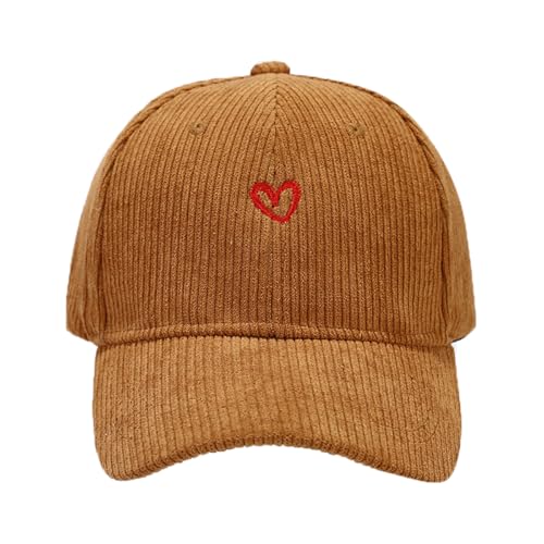 YuMENo Heart Embroidered Corduroy Baseball Cap for Women Adjustable Low Profile Cute Dad Hat Camel