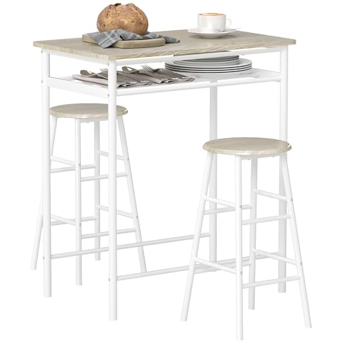 HOMCOM Juego de Mueble de Bar Set de Mesa Alta y 2 Taburetes con Estante de Almacenamiento y Marco de Metal para Cocina Comedor 80x50x90 cm Blanco