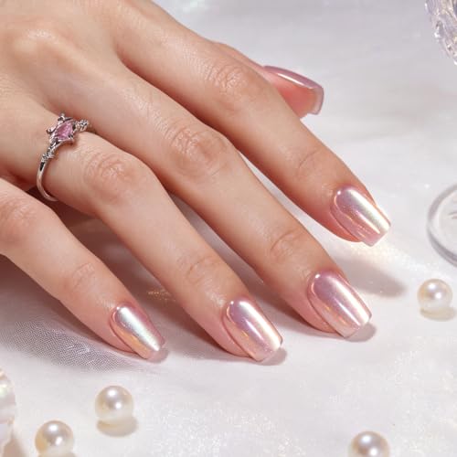 Image of Beetles Pearl Chrome Press On Nails, Purple Cat Eye Short Square, 30 PCS