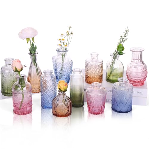 CUCUMI 12pcs Bud Vases for Centerpieces Colorful Vintage Glass Vase Set