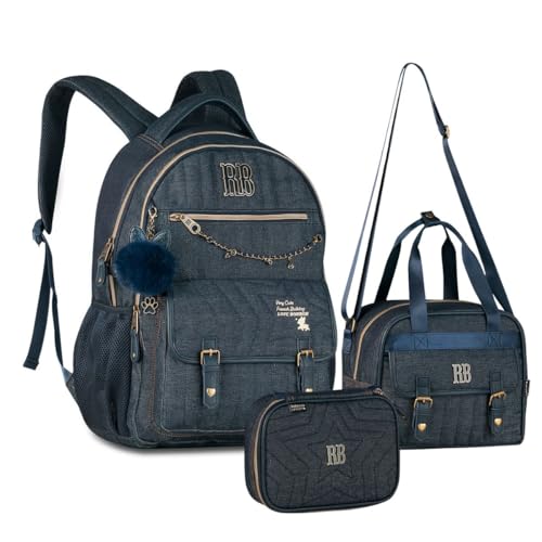 Kit Mochila de Costas Estojo Box e Lancheira Transversal Rebeca Bonbon Jeans Vintage Escolar Trabalho Faculdade