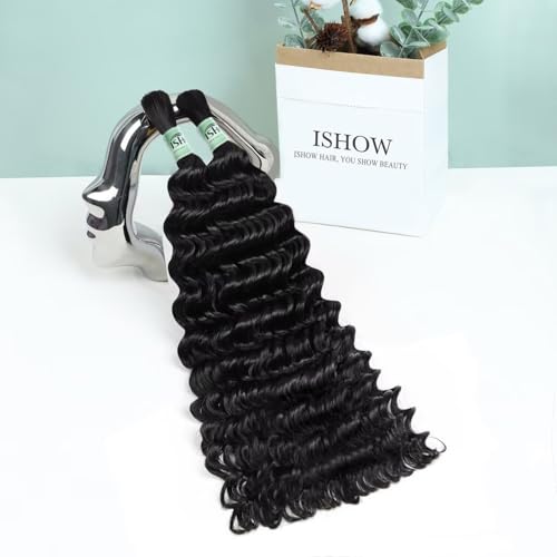 ISHOW Raw Human Braiding Hair 100% Unprocessed Virgin Human Hair 15A Deep Wave Boho Hair 100g 18 Inch (2 Packs) NO.1 Premium Quality Boho Hair Producer Long Lasting Color 1B