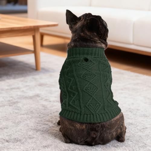 Image of PUPTECK Dog Sweater, Turtleneck Warm Knitted Pullover Coat, Thick Cable Knitwear Clothes in Winter, Pet Apparel Outfits for Small Medium Dogs, for Cold Weather Indoor & Outdoor, Deep Green SM