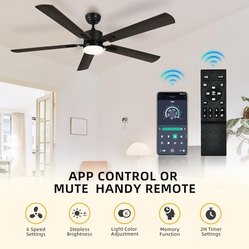 DWVO 60 Inch Smart Ceiling Fan with Light and Remote & APP Control, Modern Black Ceiling Fans with Reversible 6 Speeds Quiet Motor, 3 Color Dimmable, Memory Function, for Bedroom, Outdoor, Indoor