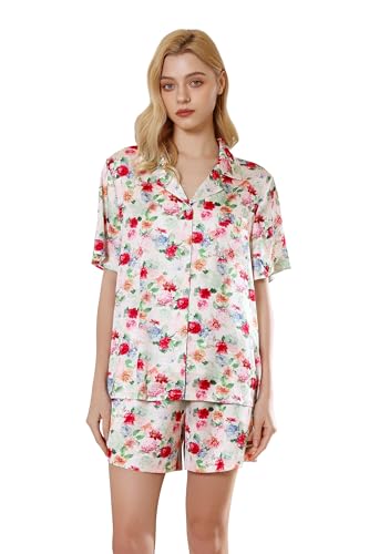 Image of YiNi LuLu Womens Silk Satin Shorts Pajamas Set Button Down 2 Piece Pjs Short Sleeve Oversized Sleepwear with Pockets