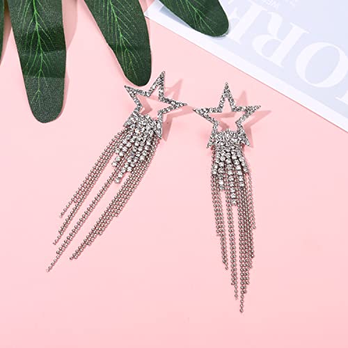 Crystal Tassel Dangle Earrings For Women Rhinestone Star Pave Stud Earrings Statement Jewelry Gifts (Silver) #TOP7