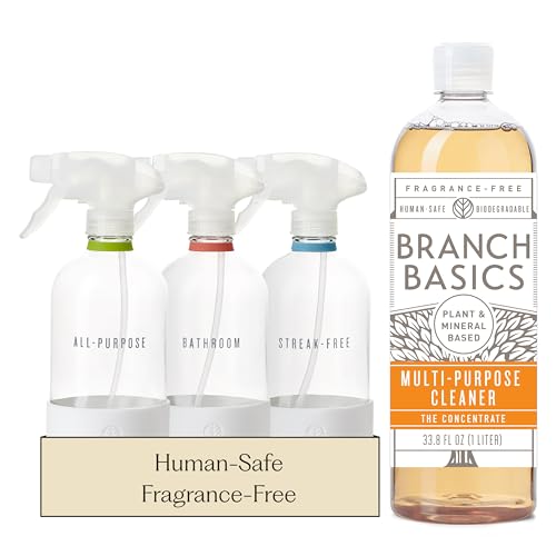 Image of Branch Basics Cleaning Essentials Kit: All Purpose, Glass and Bathroom Cleaner - Concentrate (33.8 Oz) (24 Refills) + Refillable Glass Spray Bottles (16 Oz) Plant Based, Human-Safe, & Fragrance Free
