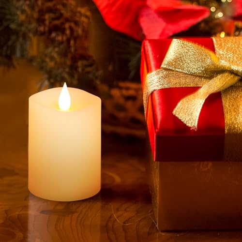 Image of 3x4 Flickering Flameless Candles Set of 1,Real Wax Pillar LED Candles with Battery,with Timer,4 inch Flameless Candles with Remote,for Christmas /Halloween /Party /Wedding,Ivory