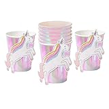 Coterie Unicorn Party Cups (Set of 10) - Unicorn & Birthday Party Supplies | 9oz Iridescent Cups with Glitter Stick-On Unicorns | Paper