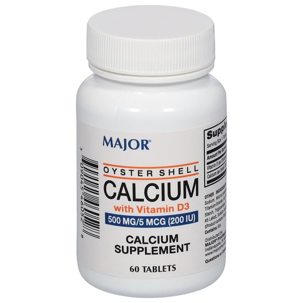 Major Oyster Shell Calcium with Vitamin D3 500 mg 5 mcg 200 IU - Calcium Supplement - 60