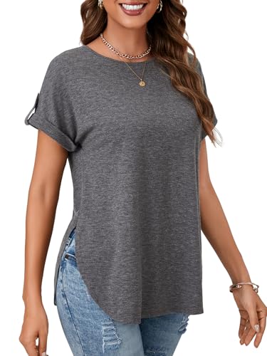 KIFOVEN Women’s Summer Tops Short Sleeve Side Split Tunic T Shirt Crew Neck Button Loose Casual Tees4