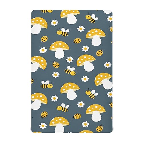 Image of KICPOAY Fitted Crib Sheets Cartoon Bees Mushroom Stretchy Portable Playard Sheets for Baby Toddler, Breathable Soft Mini Crib Mattress 39 x 27 in for Boys and Girls