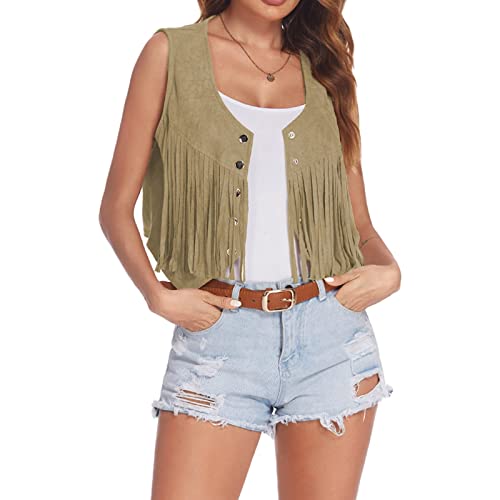 JiXiang Fringe Vest Women Western 70s Hippie Clothes Sleeveless Faux Suede Tassel Cowgirl Outfits Tassels Short Cardigans2