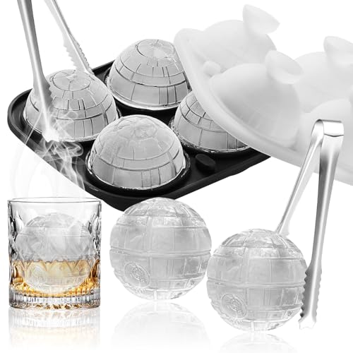 Molde para cubitos de hielo de silicona, forma de estrella de la muerte, 4 XXL, forma de bola de hielo grande de 6 cm, molde redondo con tapa, reutilizable para bebidas, hielo, whisky y cócteles