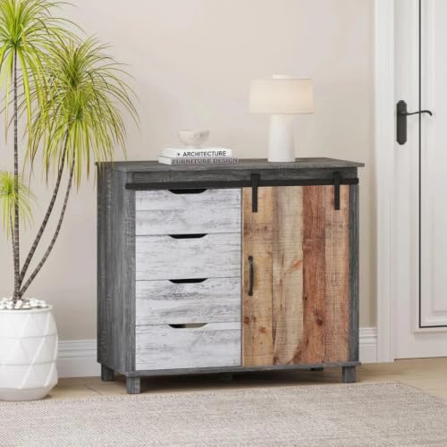 Image of Driftwood Engineered Wood Storage Cabinet | Industrial Cabinet with 4 Drawers, Sliding Door & Shelves | Multi-Purpose Organizer for Living Room, Bedroom & Office | Grey & Rustic Oak Finish
