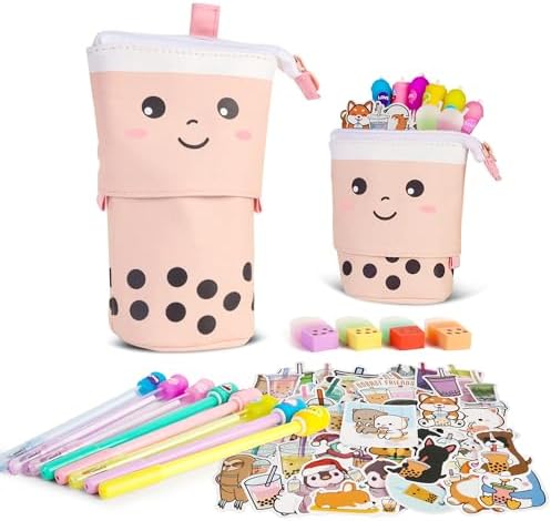 Primo Lines Stationary Set - Cute Stationary Set Pop Up Pencil Case, Kawaii Stationary Set comes with 1 Pop Up Boba Pencil Case Pink or Brown, Unicorn Pencil Case Unicorn Stationary Set For Girls